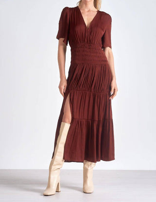 Elan - Vestido de manga curta com decote em V e cintura franzida