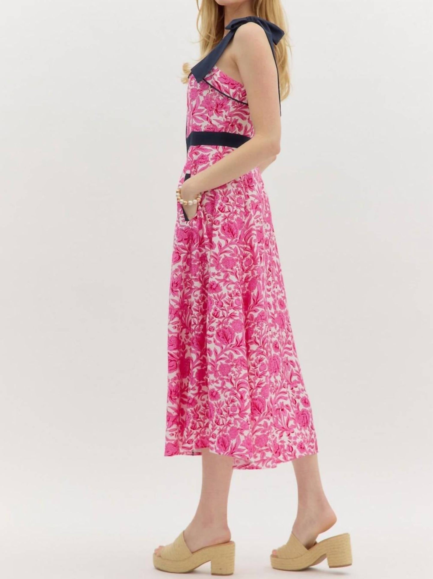Entro - Shoulder Tie Print Midi Dress