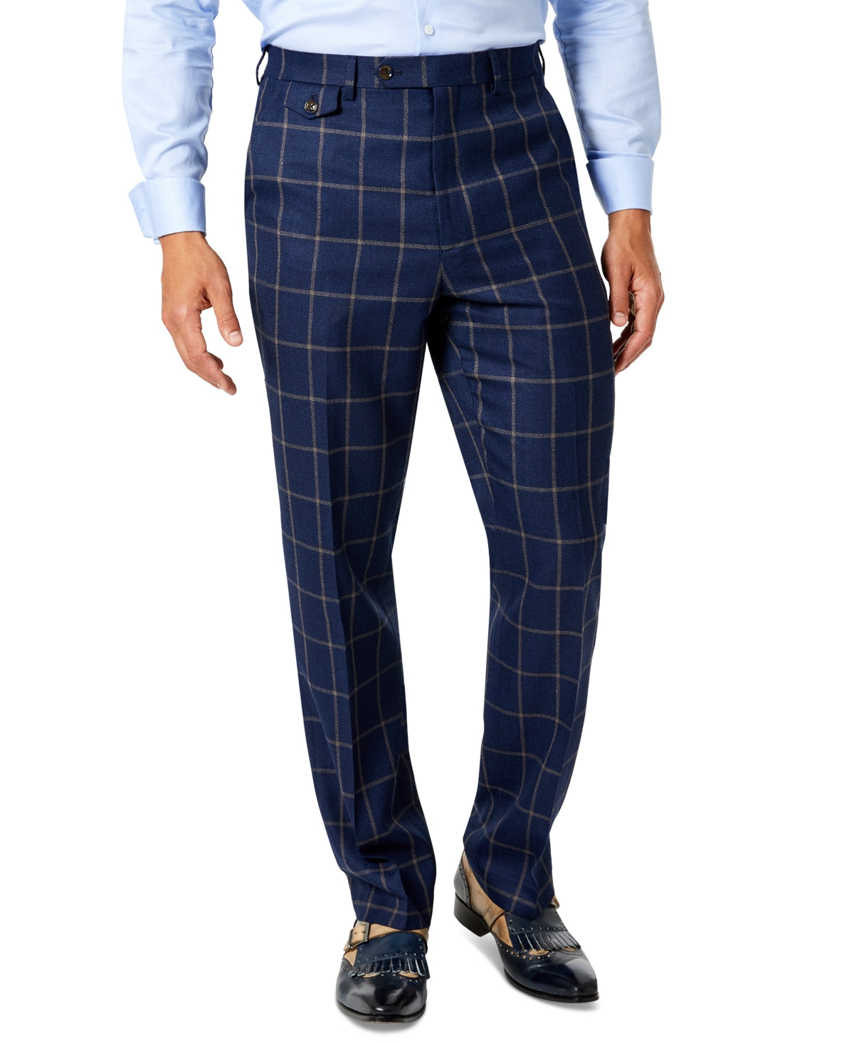 Mens Classic Fit Wool Suit Pants - Windowpane Pattern