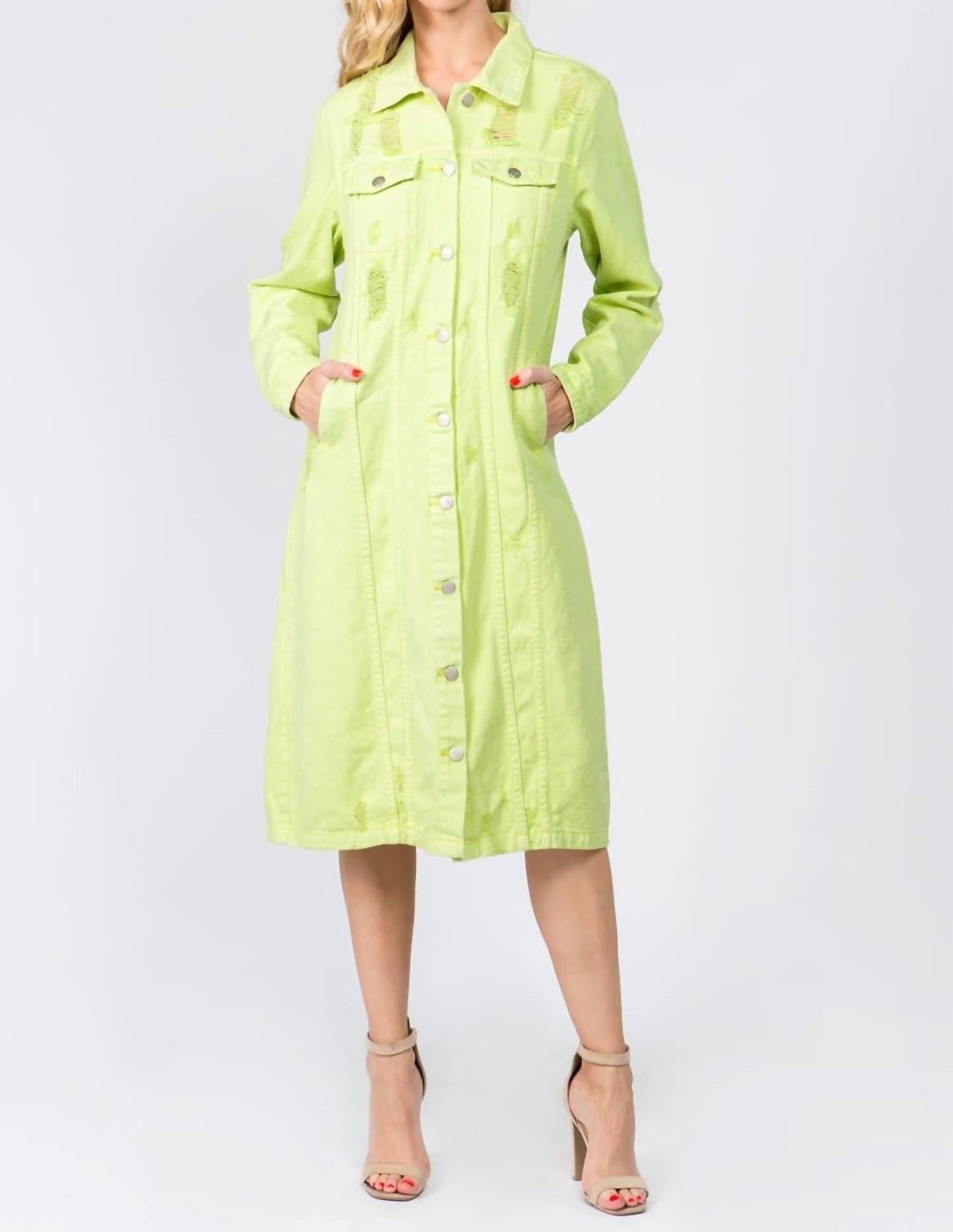 American Bazi - Chic Distressed Denim Button-up Dress