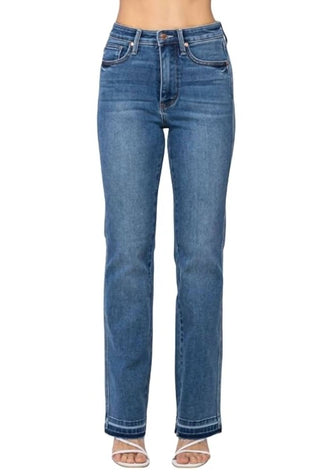 Judy Blue - Calça jeans skinny bootcut com controle de cintura alta e barra com liberação superior