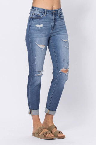 Judy Blue - Calça jeans boyfriend de cintura alta com punho