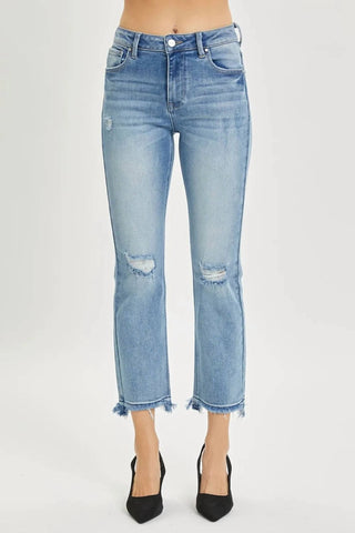 Risen - Calça jeans reta cropped desgastada de cintura alta tamanho grande