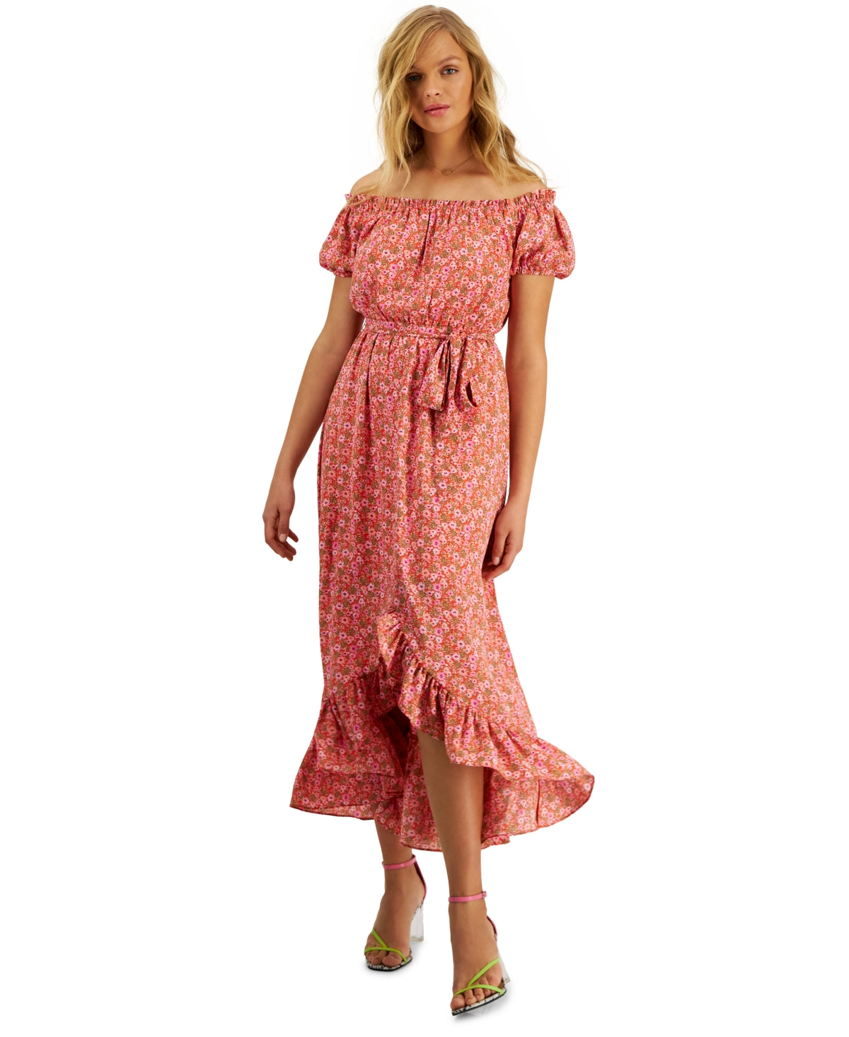 Women's Off-The-Shoulder Printed Puff Sleeve Maxi Dress