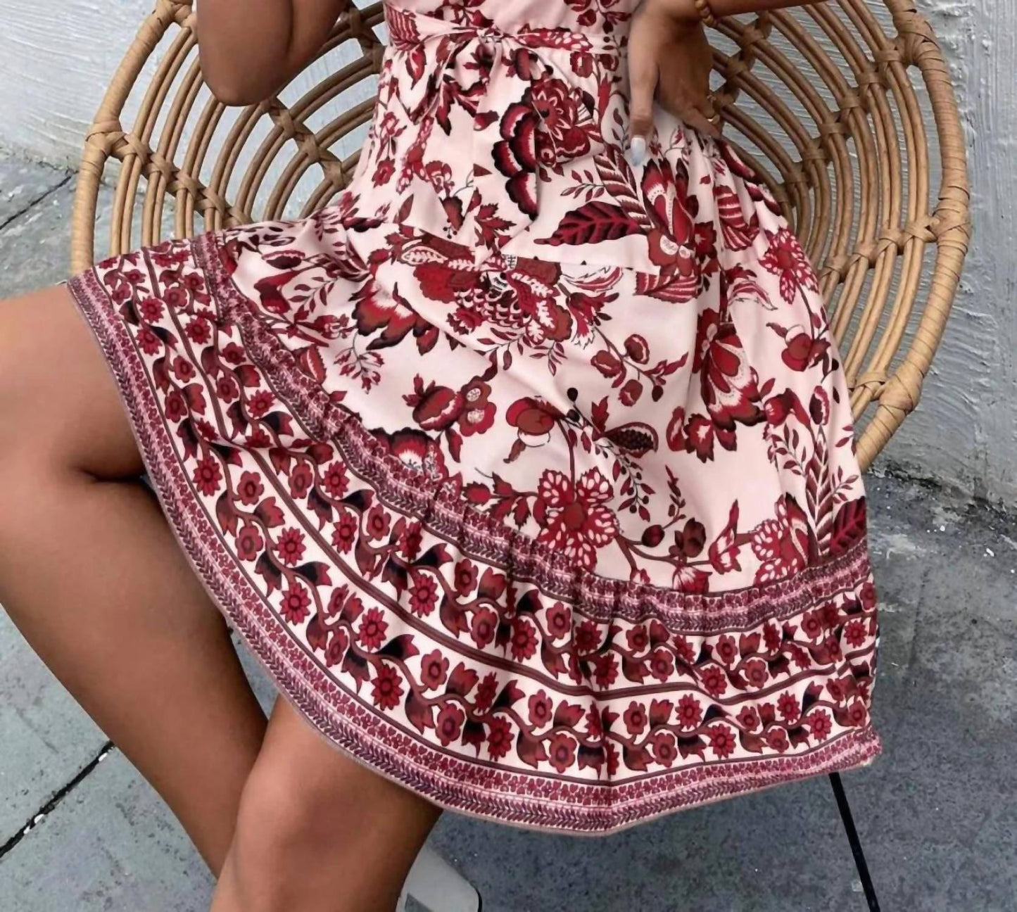 Trendsi - Printed Tie Waist Mini Dress