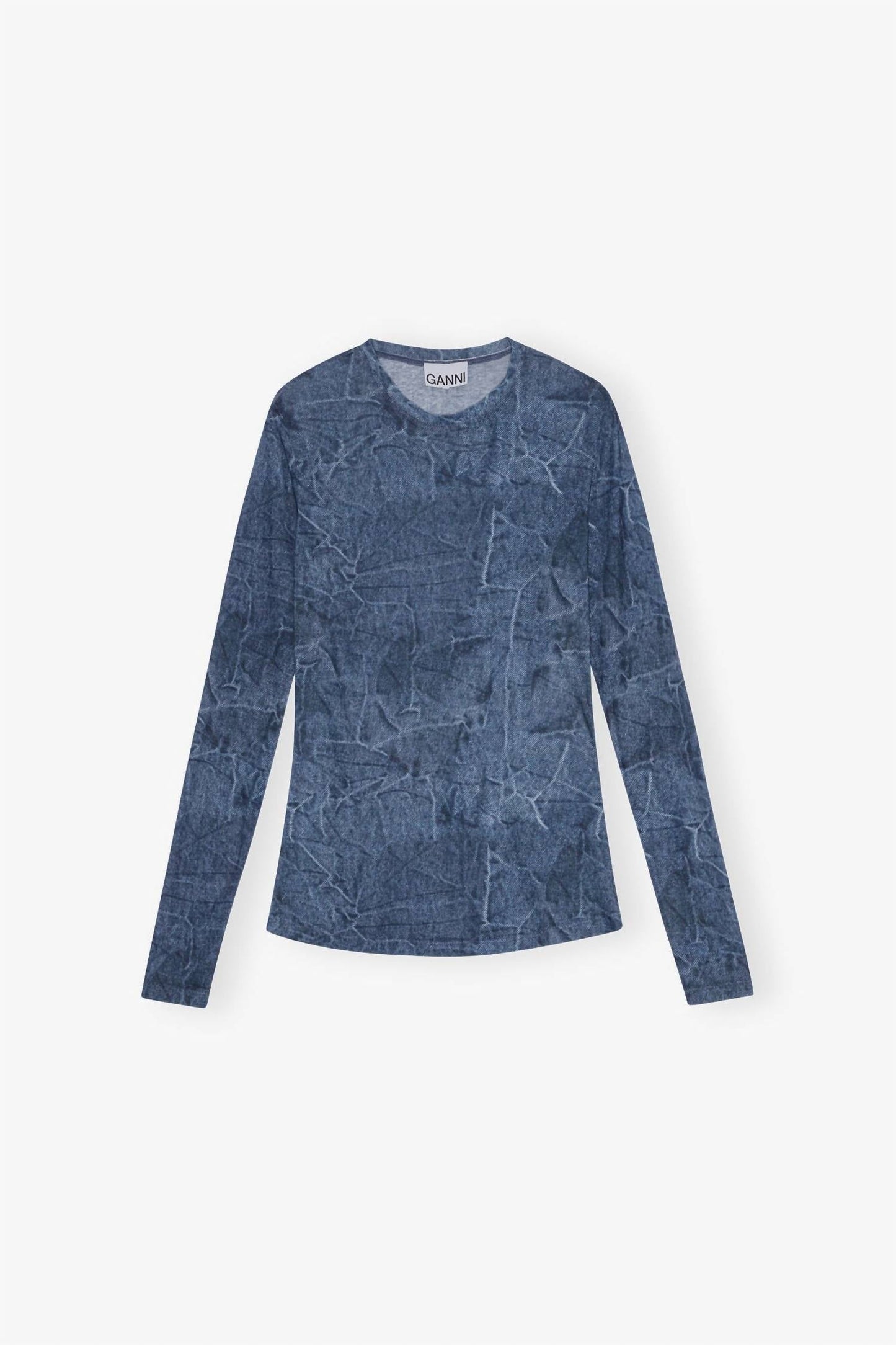 Ganni - Printed Mesh Long Sleeve Crew Neck Top