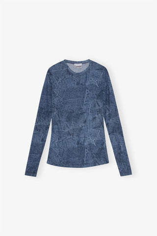 Ganni - Printed Mesh Long Sleeve Crew Neck Top