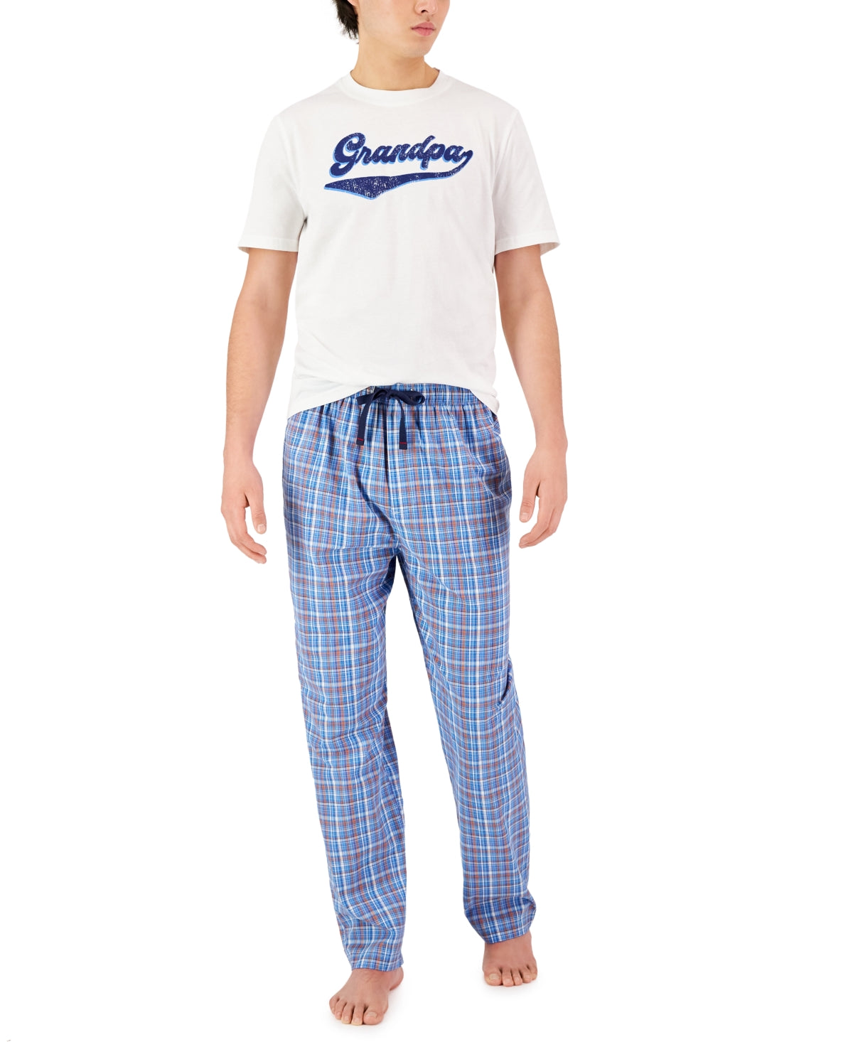 Men's Grandpa Style Top & Plaid Pants Pajama Set
