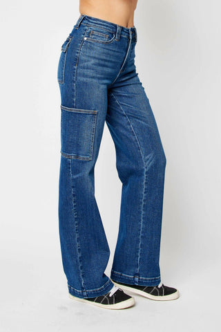 Judy Blue - Calça Jeans Cargo Reta de Cintura Alta