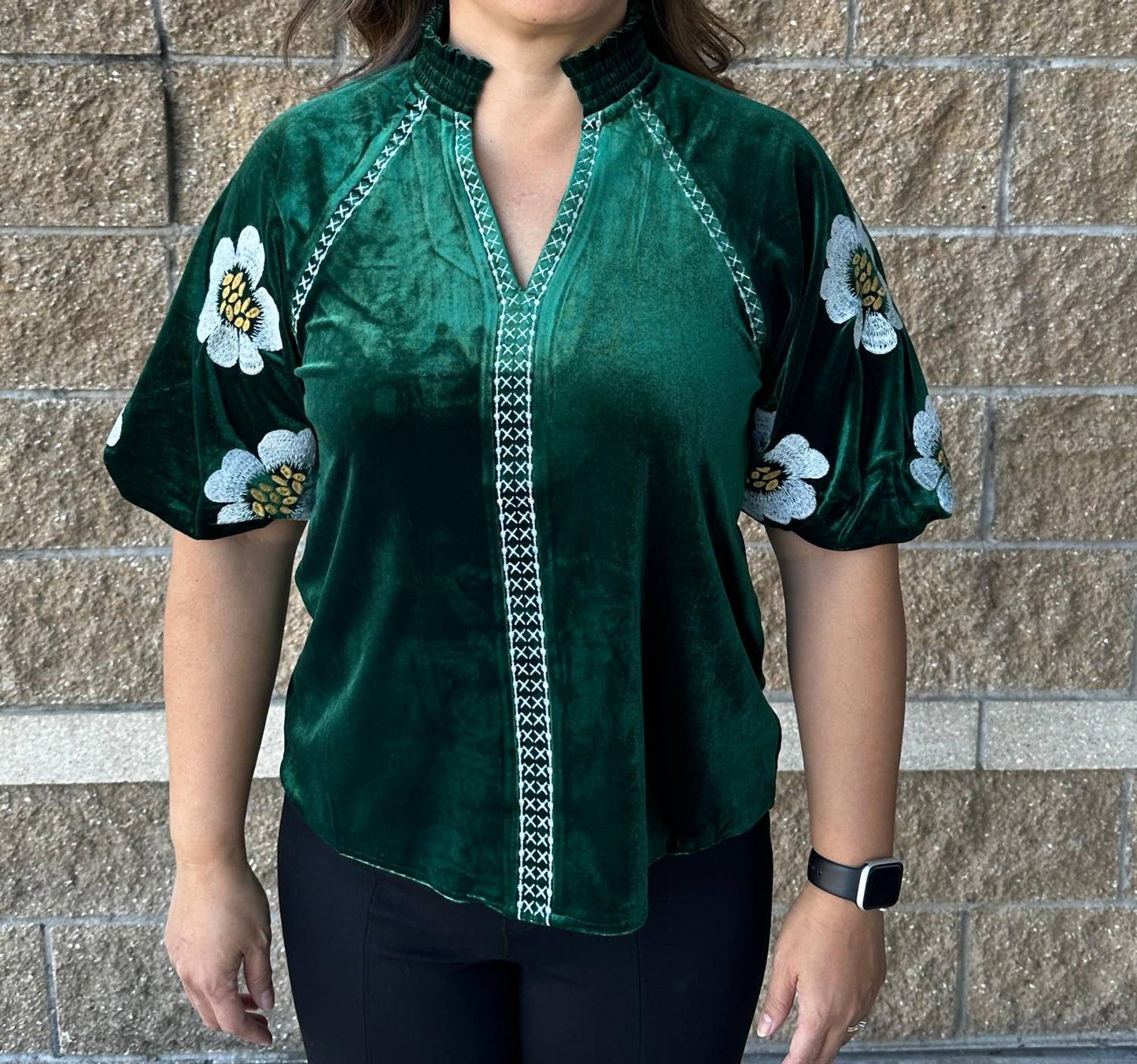 Thml - Embroidered Velvet Puff Sleeve Top