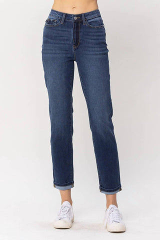 Judy Blue - Calça jeans boyfriend de cintura alta com punho denim