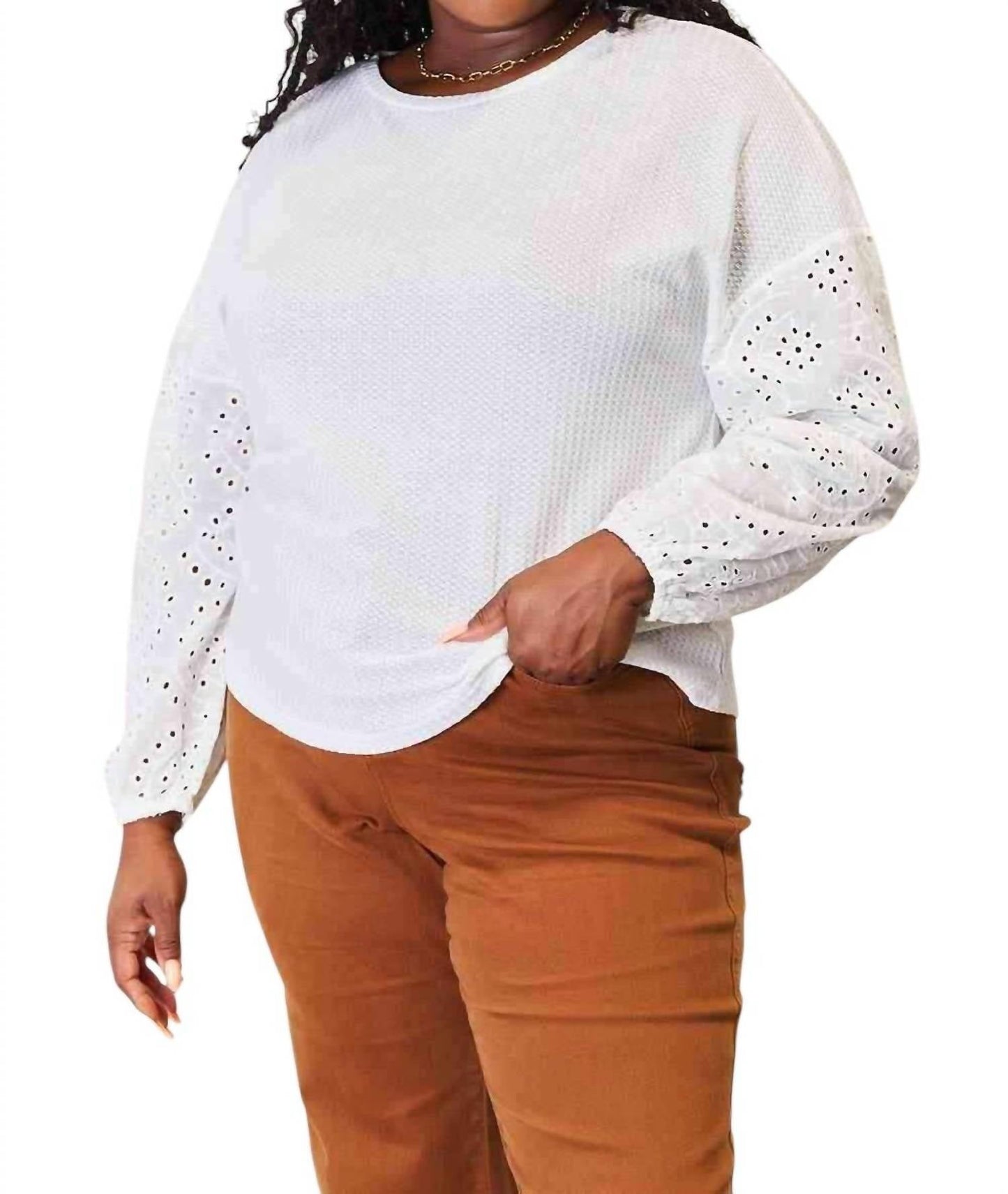 Double Take - Eyelet Elegance Drop Shoulder Blouse