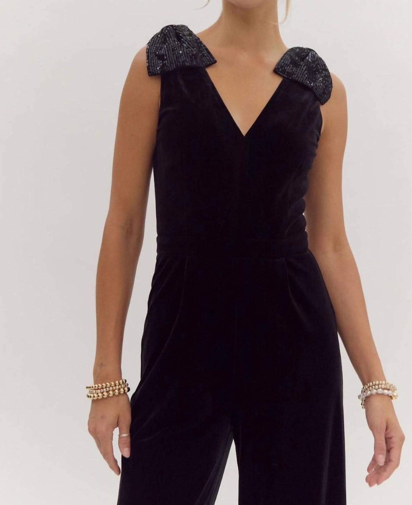 Entro - Wide Leg Jumpsuit With Sequin Bow Shoulder