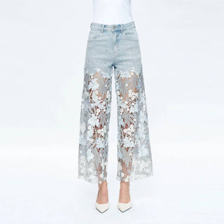 Bayeas - High Rise Wide Leg Jeans with Lace Spliced