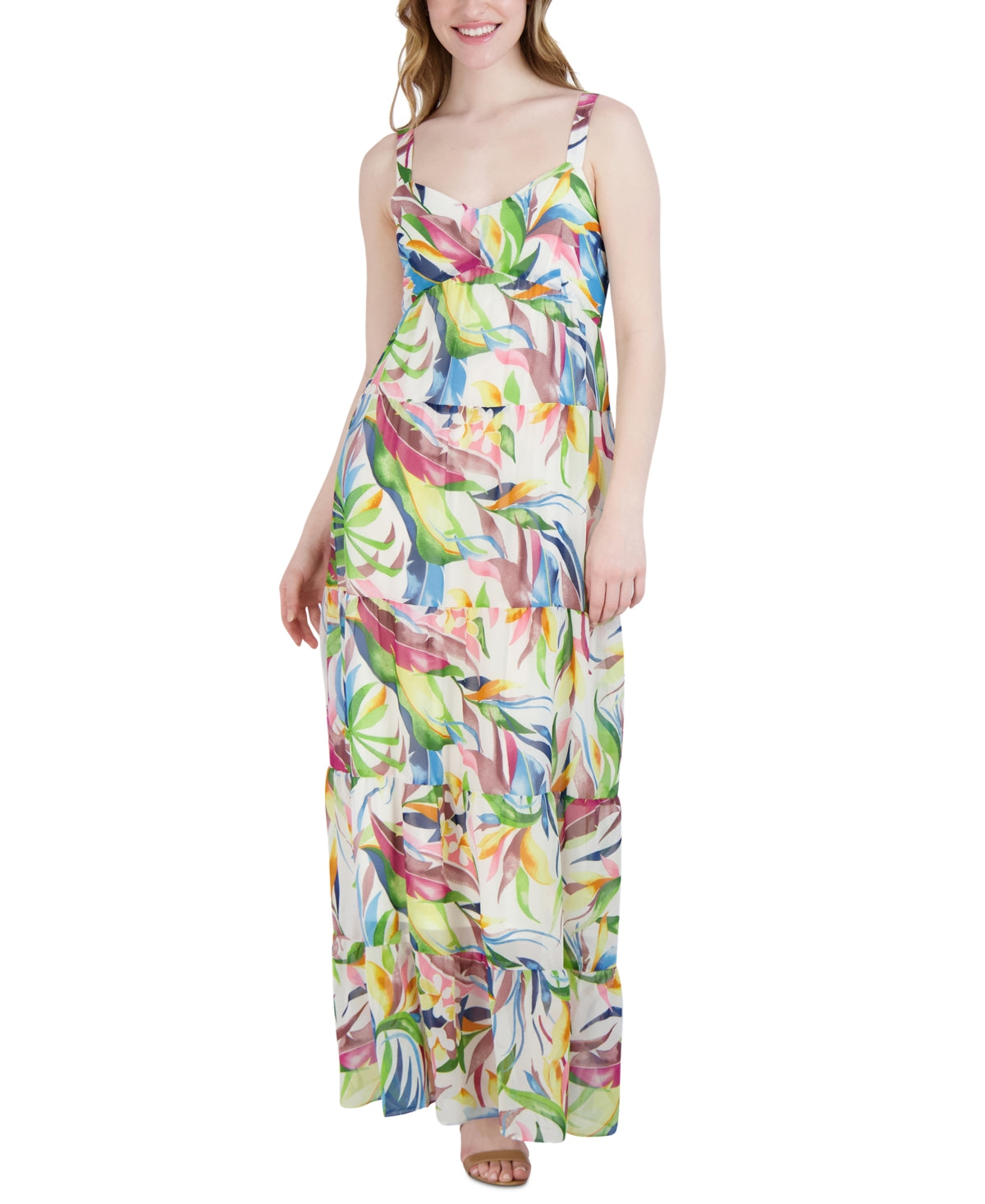 Julia Jordan Womens Printed Sleeveless Tiered Maxi Dress