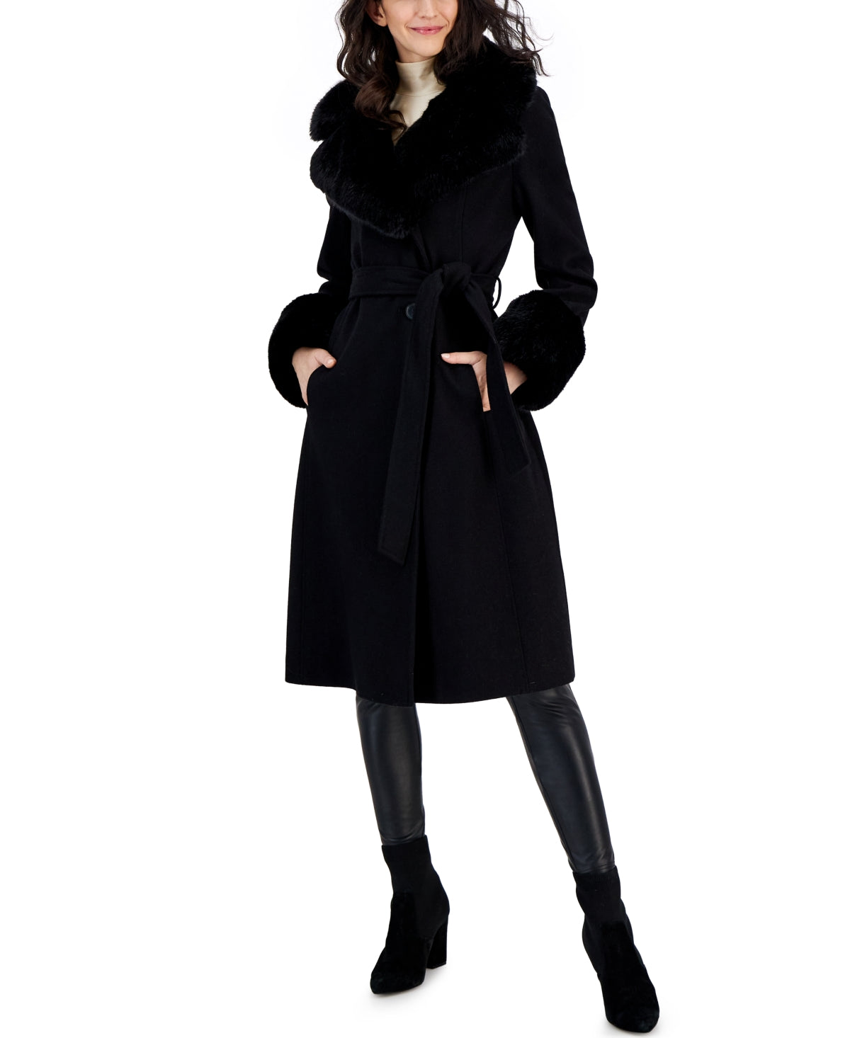 Via Spiga Women's Faux-Fur-Trim Belted Wrap Coat