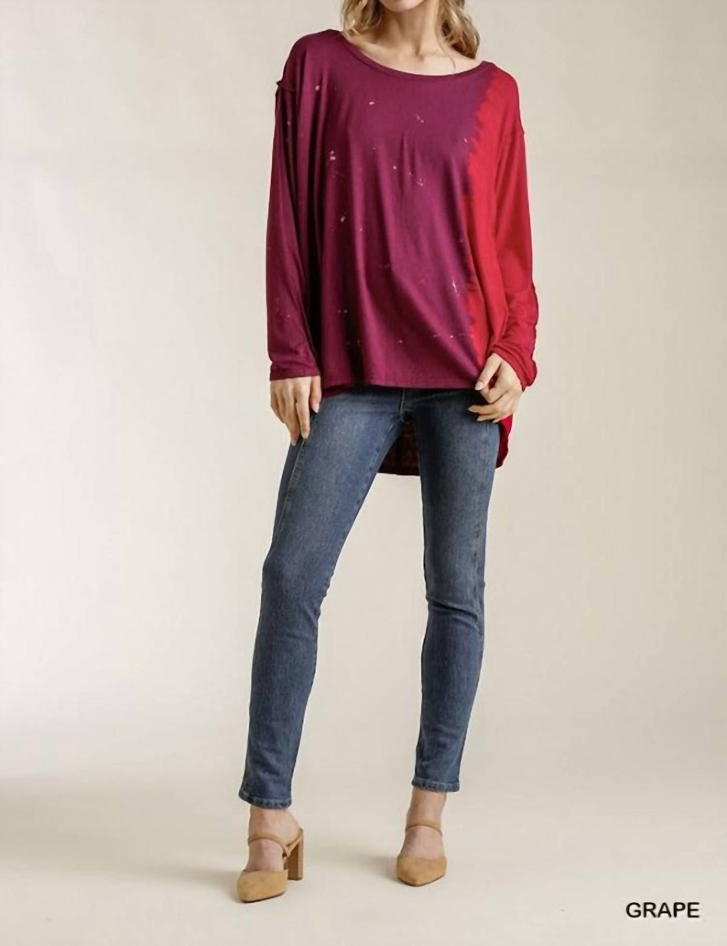 Umgee - Contrast Color Raw Edge Long Sleeve Top