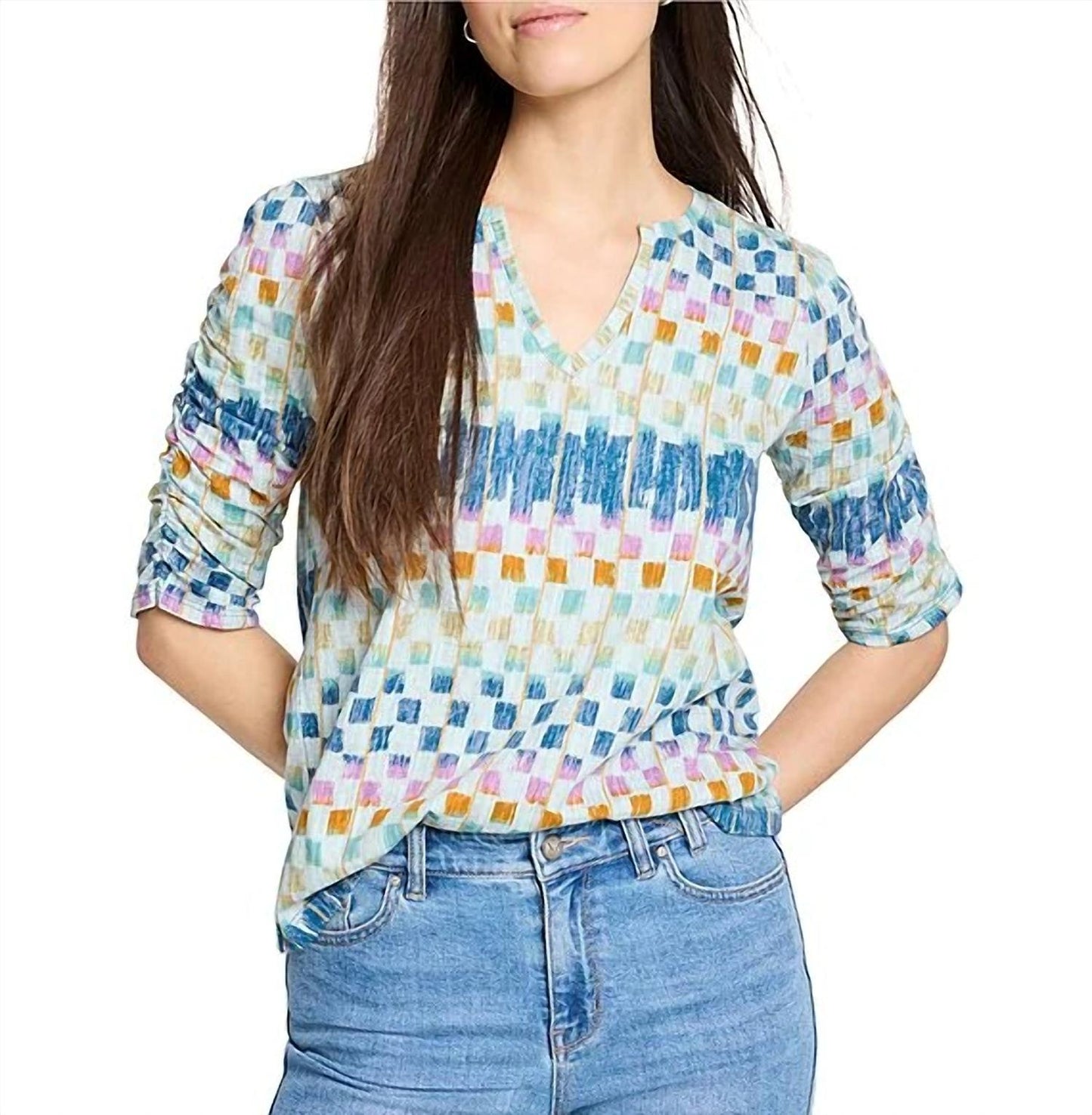 Nic + Zoe - Painted Blocks Ruched Sleeve tee