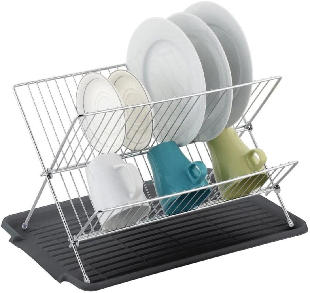 Escorredor de pratos de aço inoxidável em formato de X de 17 polegadas com 2 níveis para balcão de cozinha