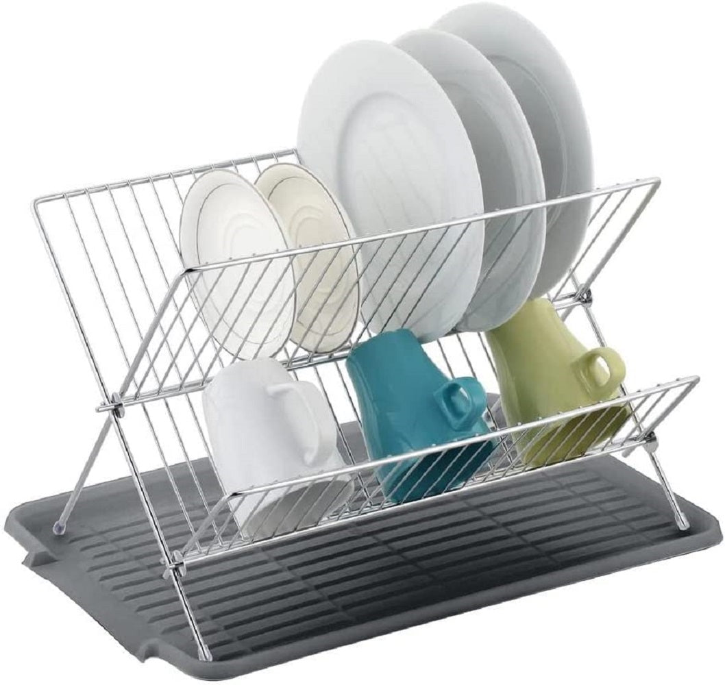 Escorredor de pratos de aço inoxidável em formato de X de 17 polegadas com 2 níveis para balcão de cozinha