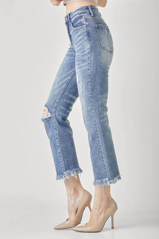 Risen - Calça jeans cropped bootcut desgastada de cintura alta