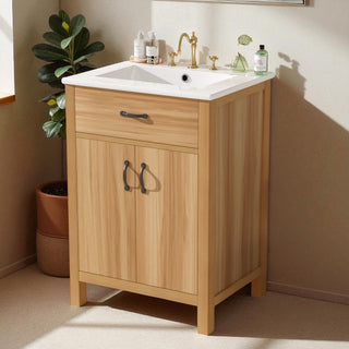 24 Bathroom Vanity with Ceramic Sink Solid Wood Frame Flip Drawer 2 SoftClose Doors  Adjustable Shelf