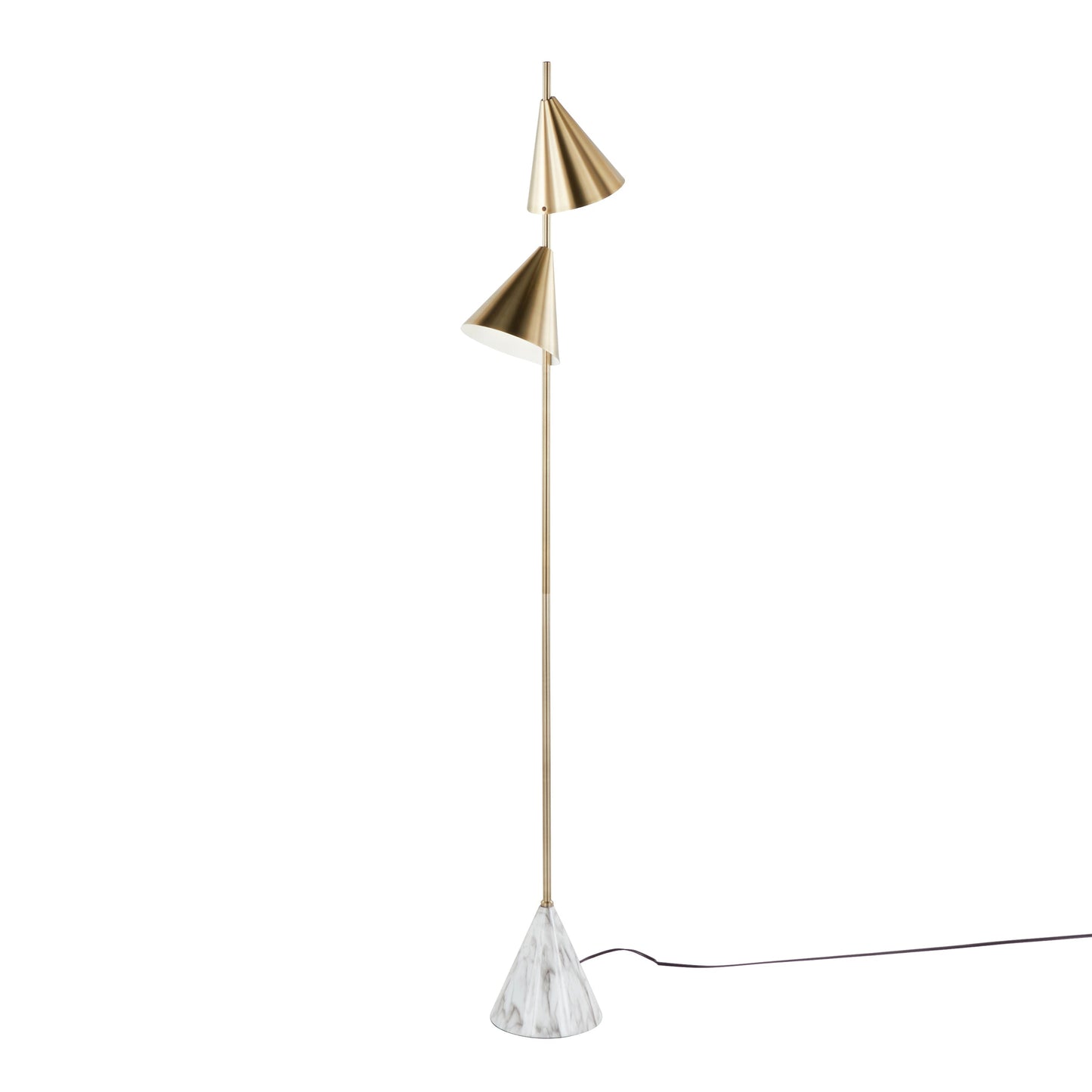 Cone 65' Glam Metal Floor Lamp in Brushed Gold Metal with White Faux Marble Base