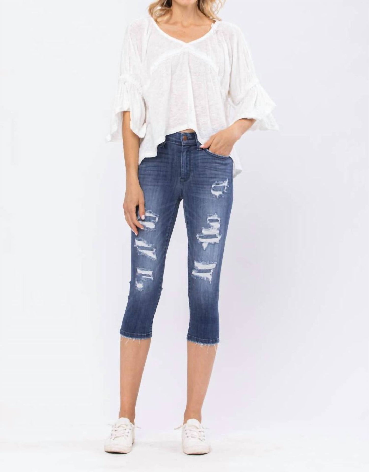 Judy Blue - Mid-rise Contrast Patch Skinny Capri Jeans