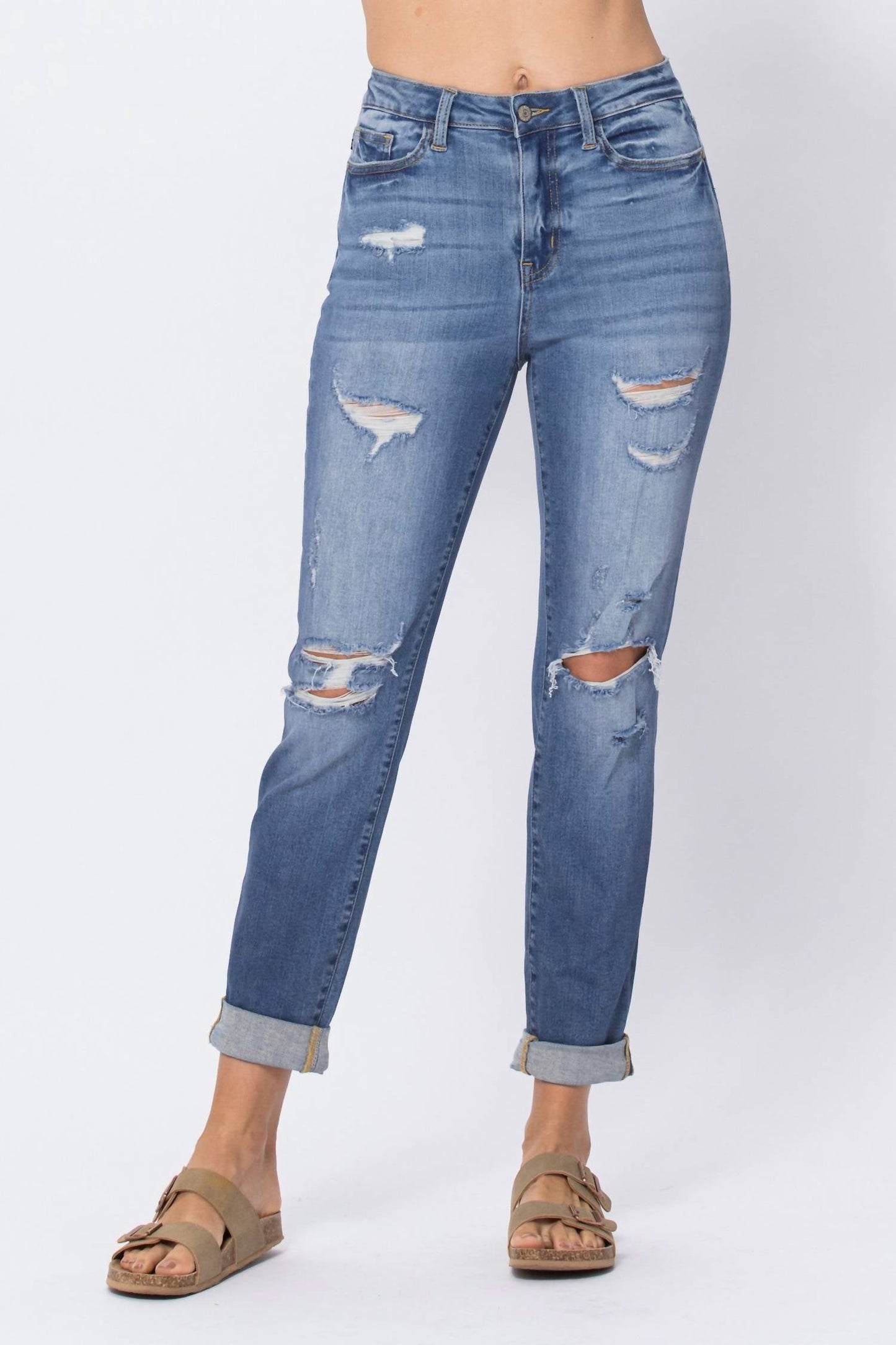 Judy Blue - High Waist Cuffed Destroyed Boyfriend Jeans