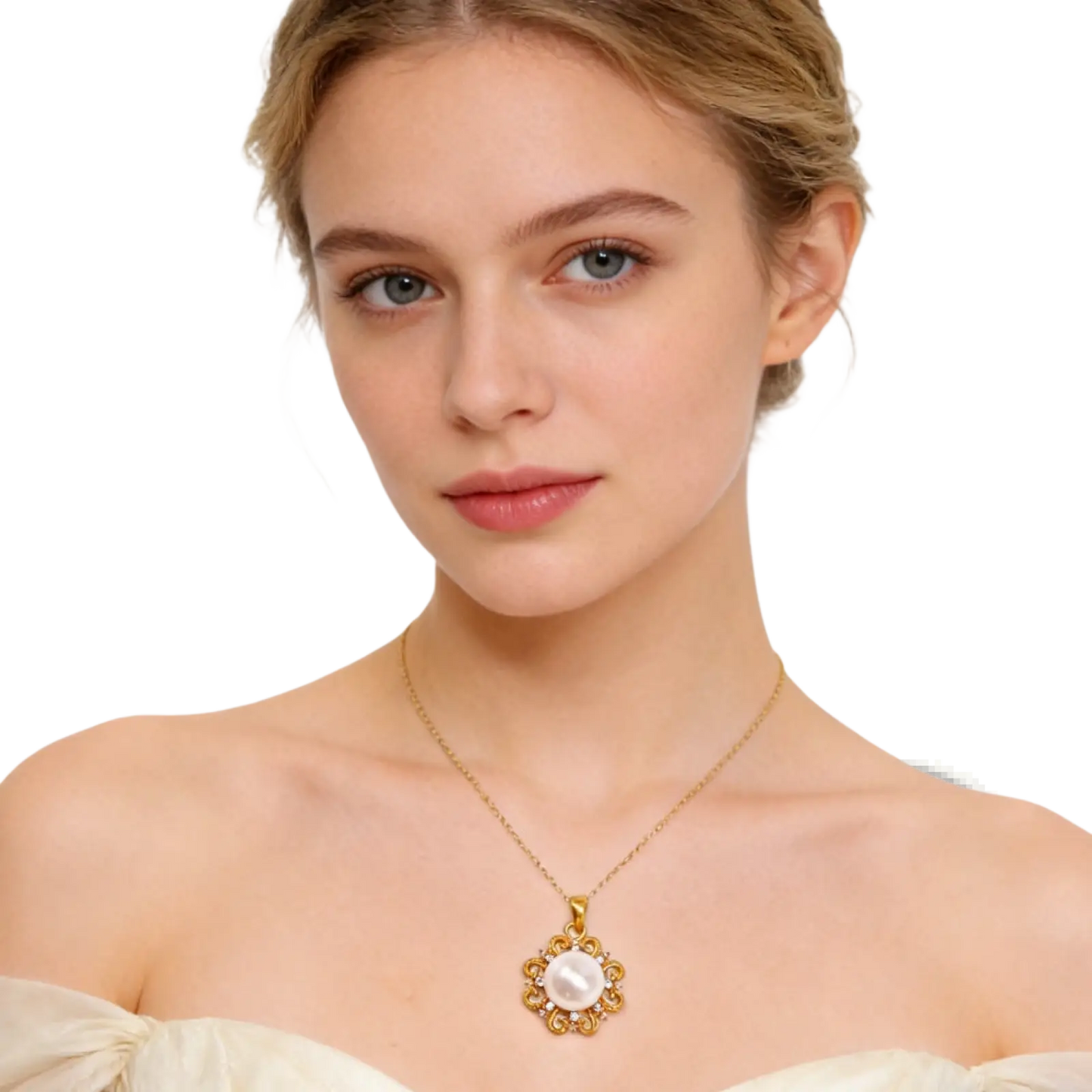 24k Gold Sun and Pearl Floral Pendant Necklace