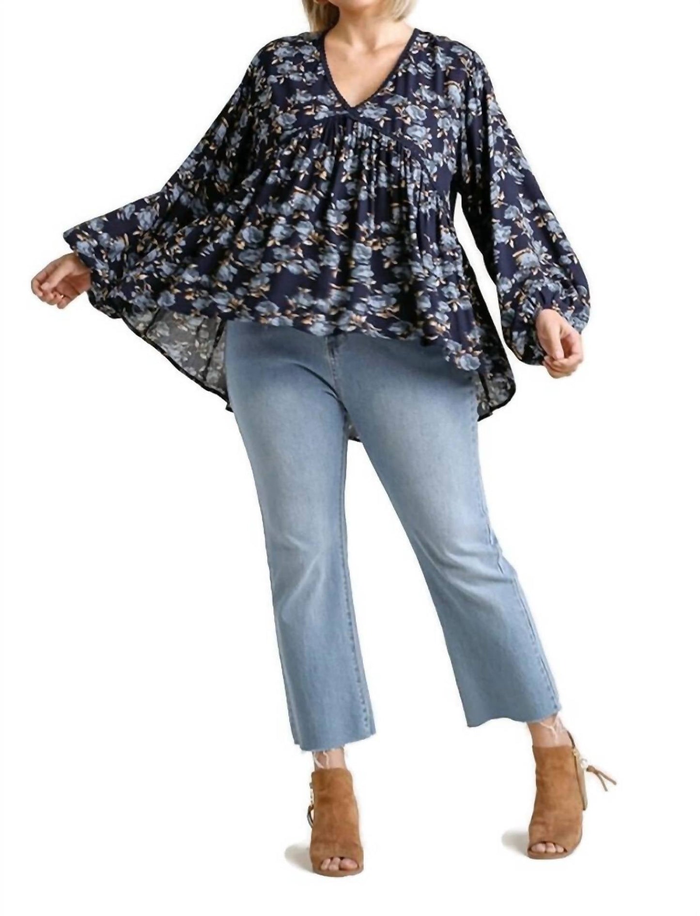 Umgee - Floral Lace Trim High Low Babydoll Top - Plus