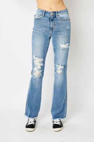 Judy Blue - Calça jeans bootcut com bainha desfiada e cintura alta