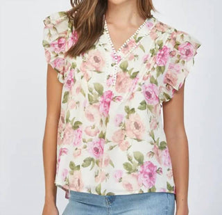 Fate - Tuck Detail Floral Flutter Top