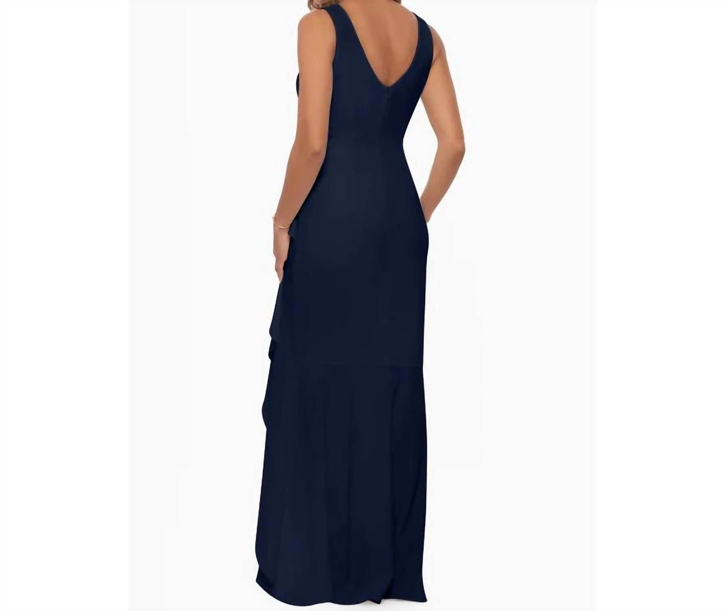 Betsy & Adam - V-neck Cascade Ruffle High-low Gown