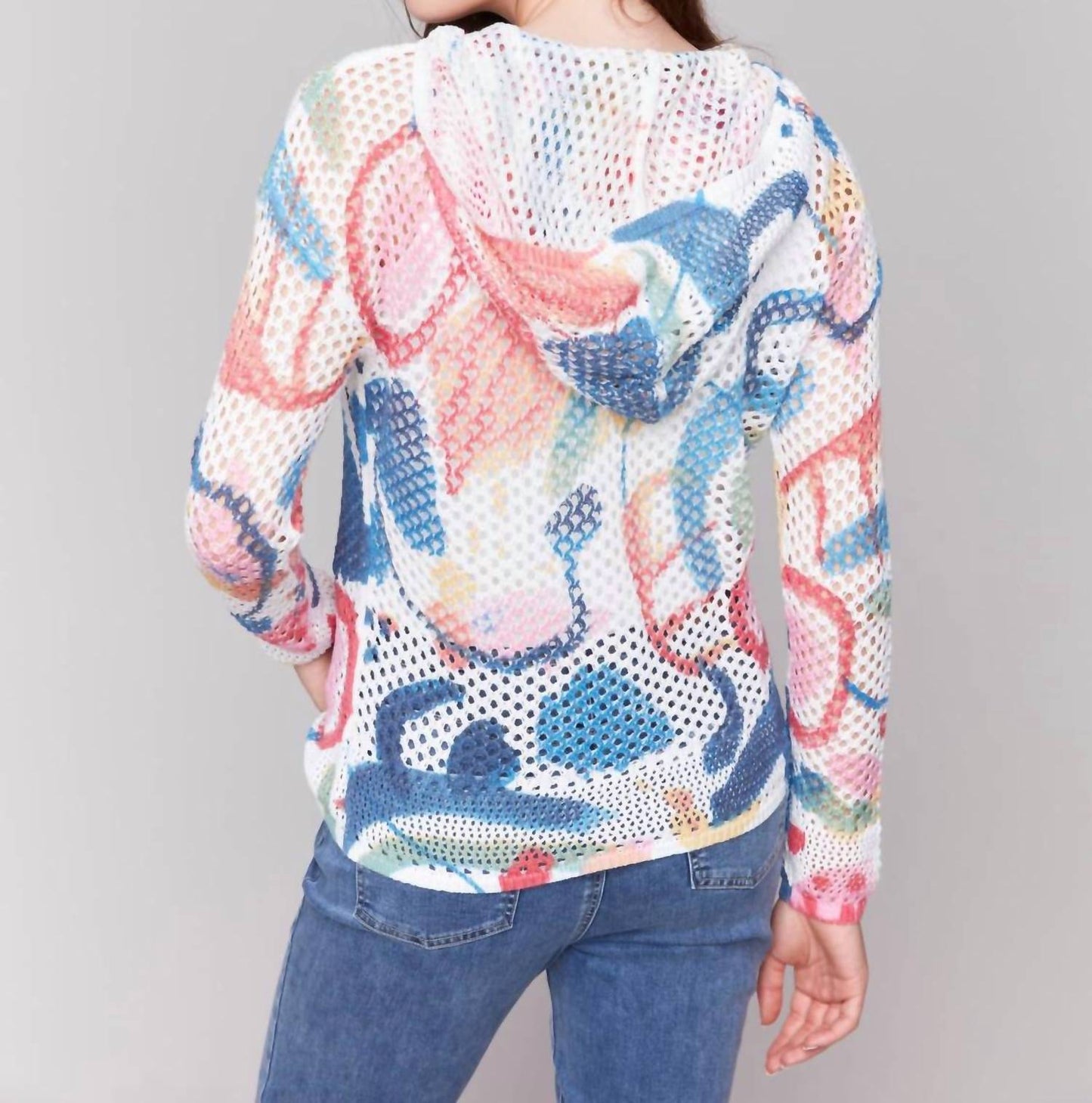 Charlie B - Printed Fishnet Crochet Hooded Sweater