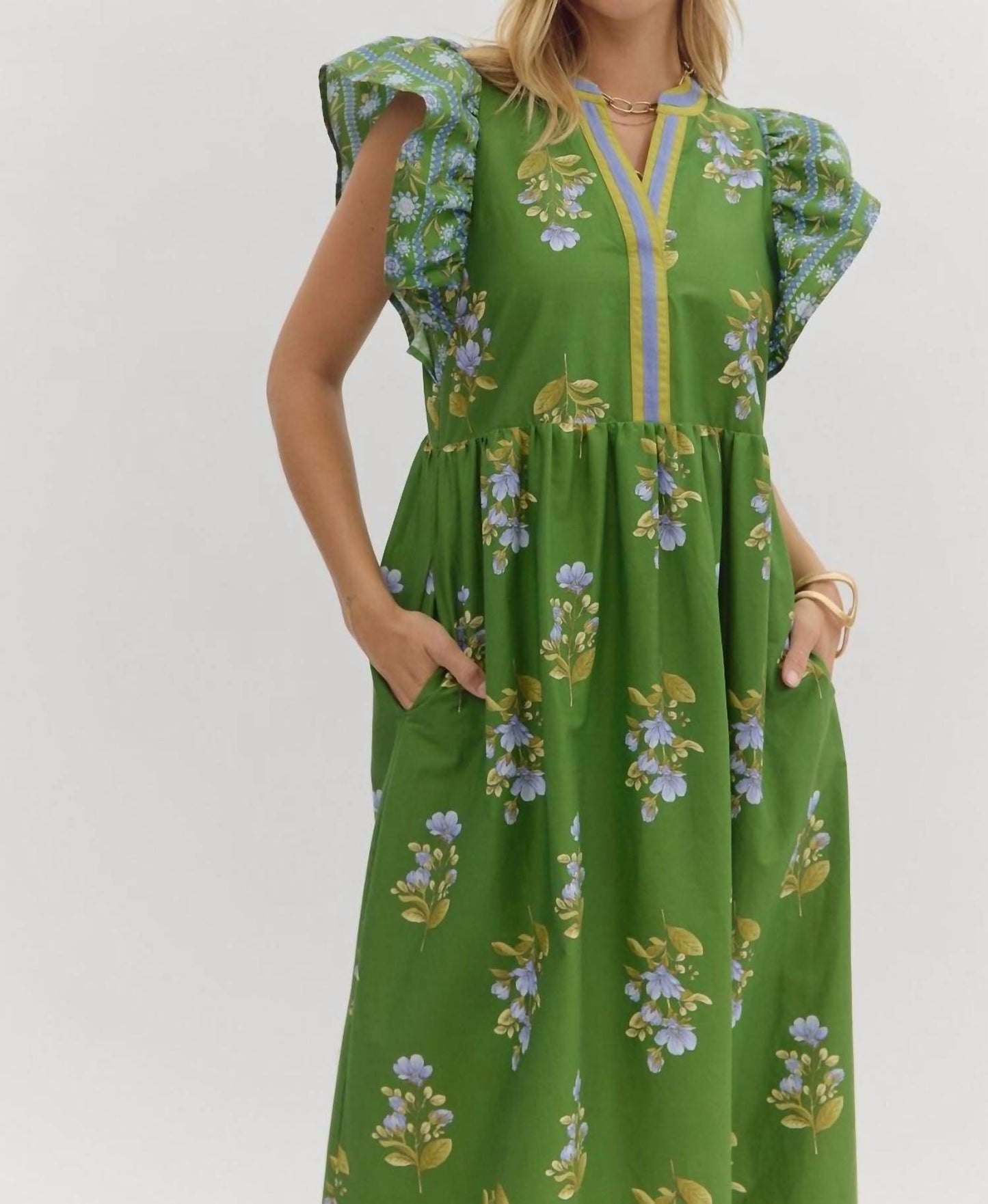 Entro - Split Neck Floral Framed Midi Dress