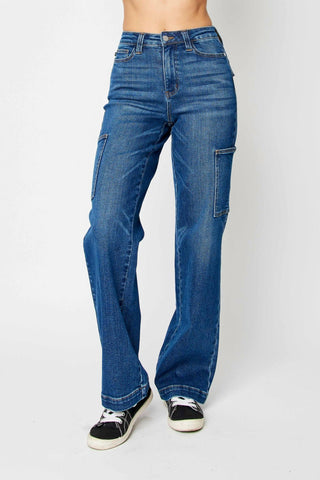 Judy Blue - Calça Jeans Cargo Reta de Cintura Alta