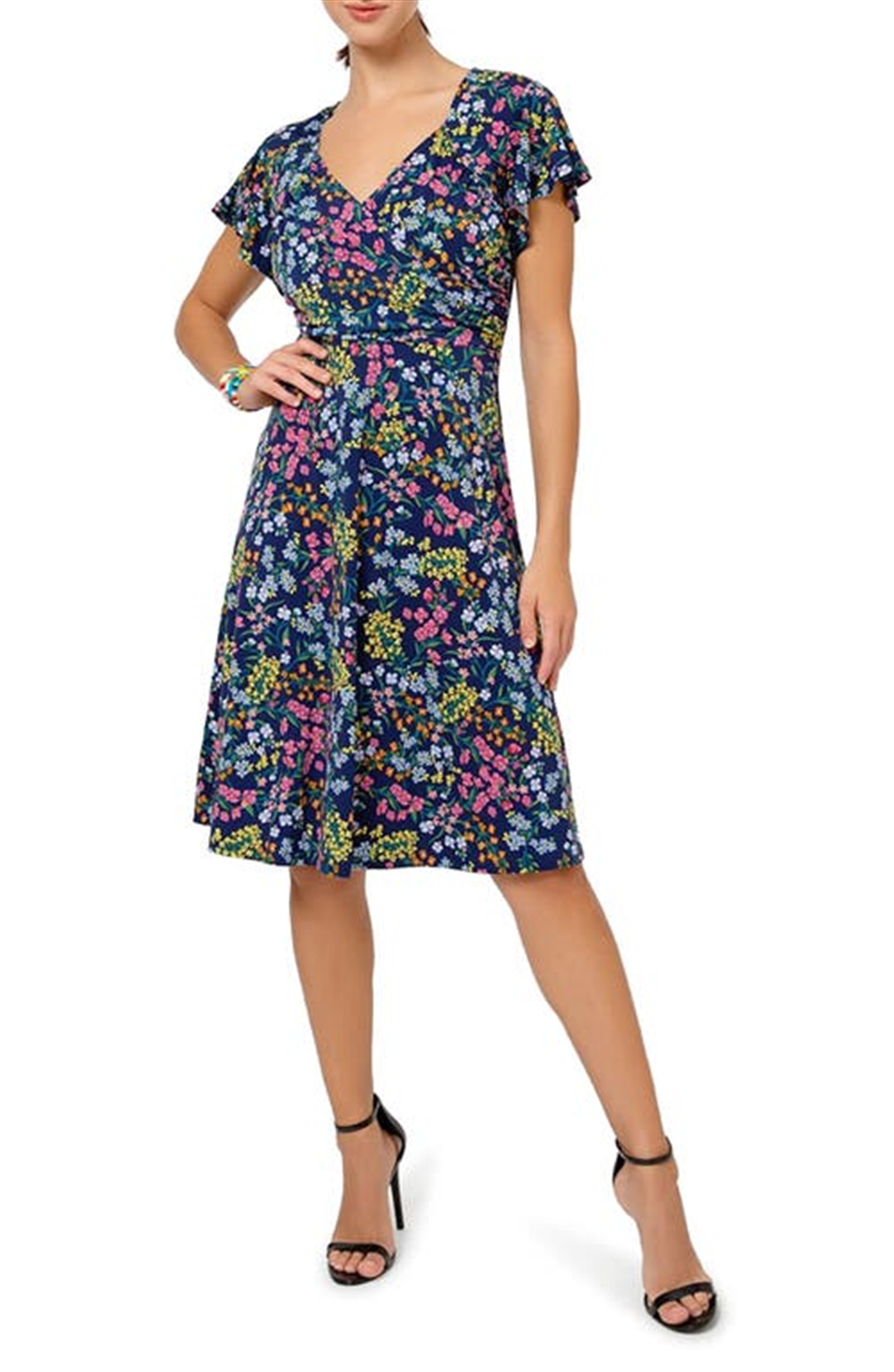 Vestido feminino Leota com mangas curtas e babados, azul, tamanho pequeno