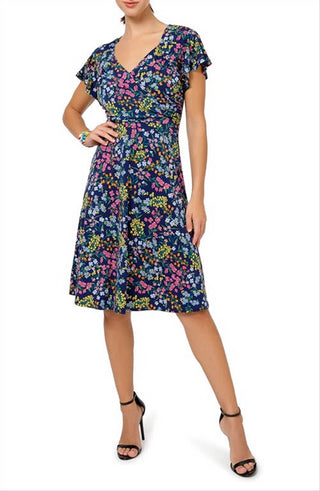 Vestido feminino Leota com mangas curtas e babados, azul, tamanho pequeno