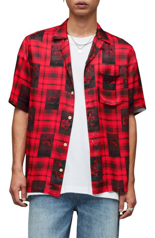AllSaints Fritillaria Plaid Short Sleeve Button-Up Shirt in Vermillion Red, Size Small