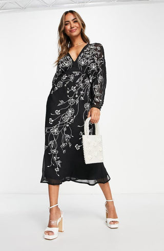 ASOS DESIGN Floral Embroidered Batwing Long Sleeve Dress in Black, Size 2 Us
