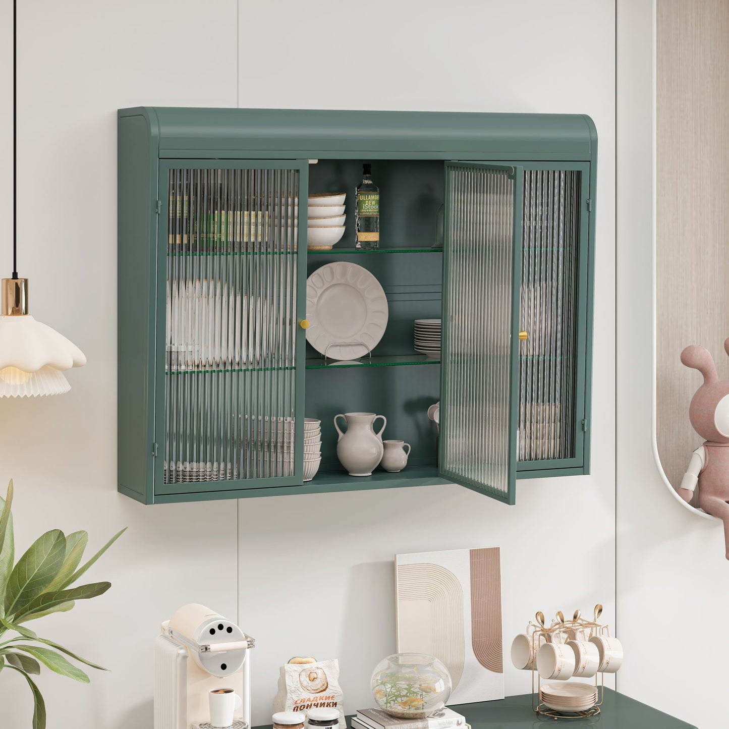 Arched Wall Mounted Cabinet, 3 Door Storage For Kitchen - Dark Green