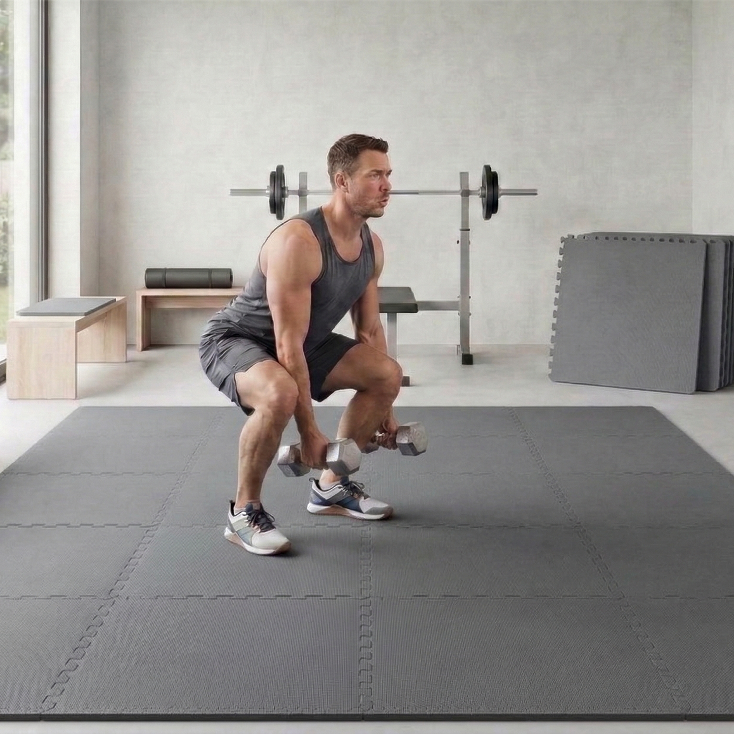 Tapete de exercícios de espuma EVA interligada de 144 pés quadrados da BalanceFrom Fitness, cinza