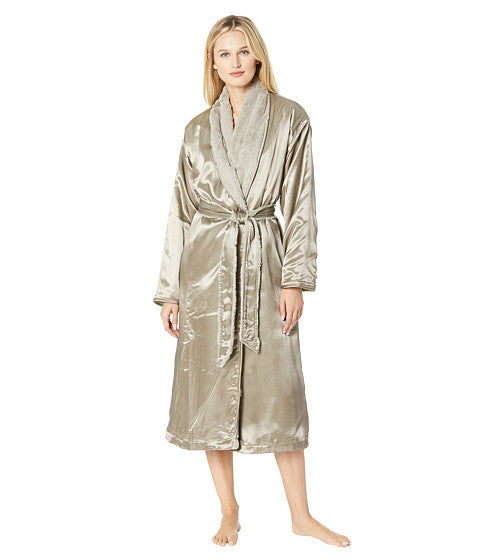 Faux Fur Satin Robe - Flax