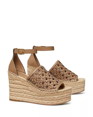 Tory Burch - Sandália de alpargata em couro de bezerro Basketweave com salto anabela