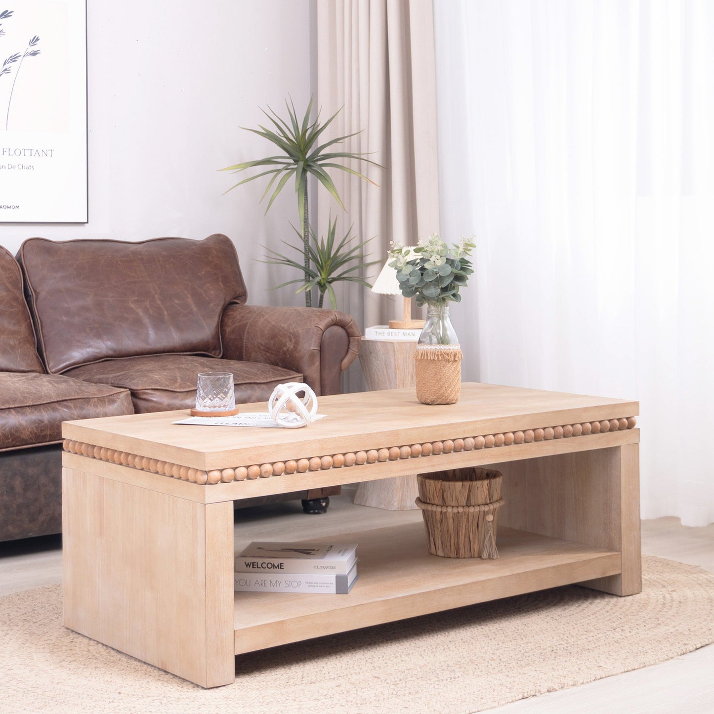 Modern Wood Coffee Table with Beaded Trim – 47" Rectangular