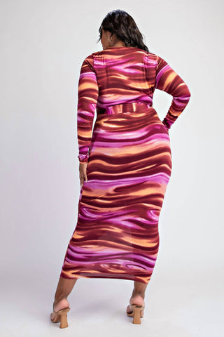 The Curve La - Plus Size Knit Long Sleeve Midi Dress With Self-tie Belt