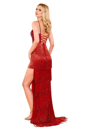 Rachel Allan - Beaded Fringe Sweetheart Neck Dress