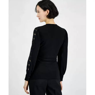 Anne Klein - Faux-wrap Blouson-sleeve Top