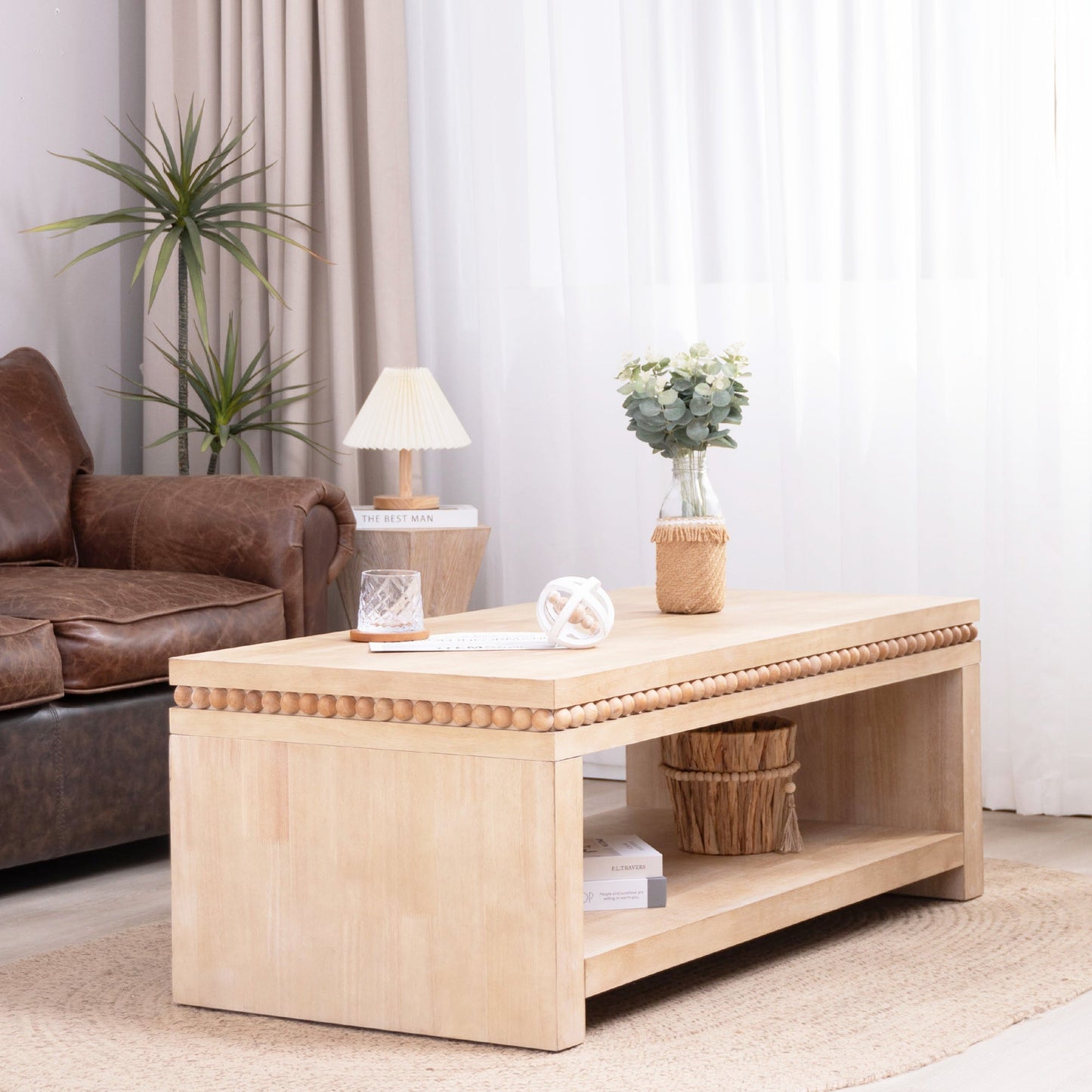 Modern Wood Coffee Table with Beaded Trim – 47" Rectangular